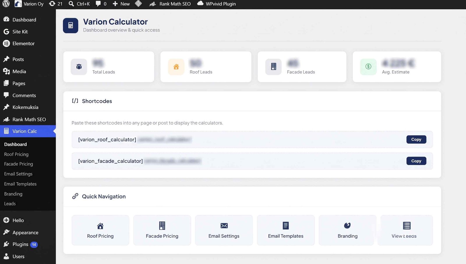 Varion admin dashboard built with a custom Divenclave CMS plugin